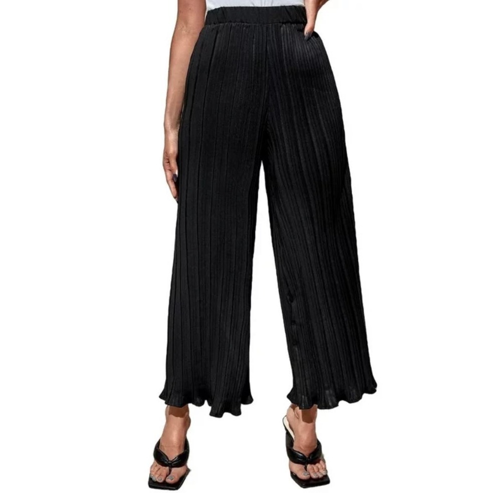 Lucca Black Metallic Plisse Wide Leg Pants High Waisted Pleated Glam Chic Small